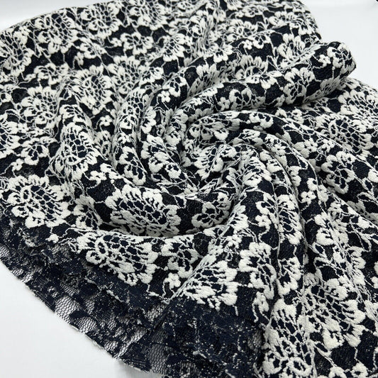 Navy Ivory Floral Textured Lace Fabric Stretch