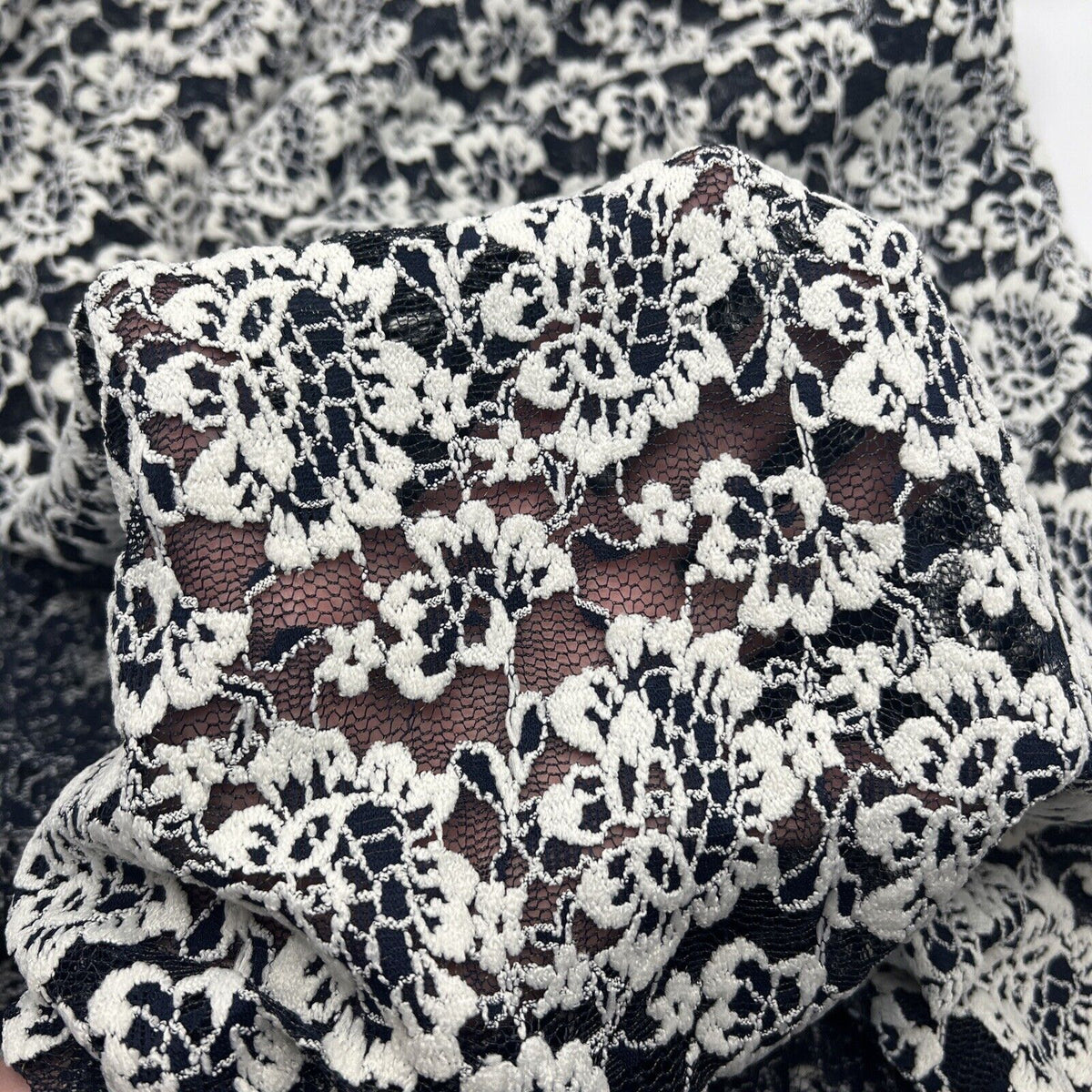 Navy Ivory Floral Textured Lace Fabric Stretch