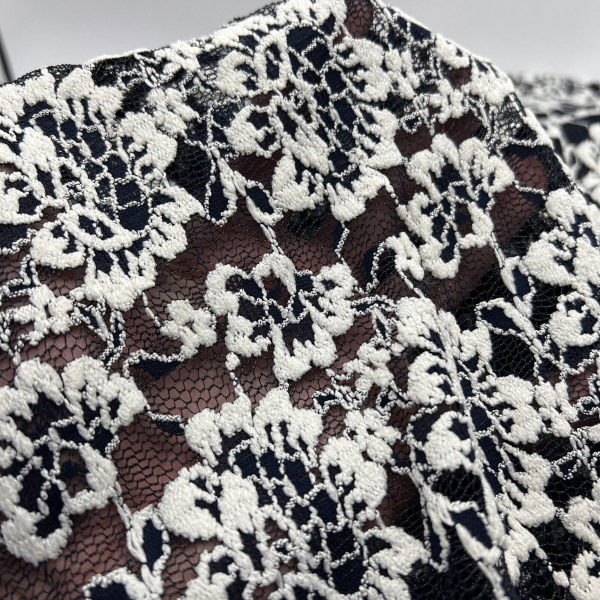 Navy Ivory Floral Textured Lace Fabric Stretch