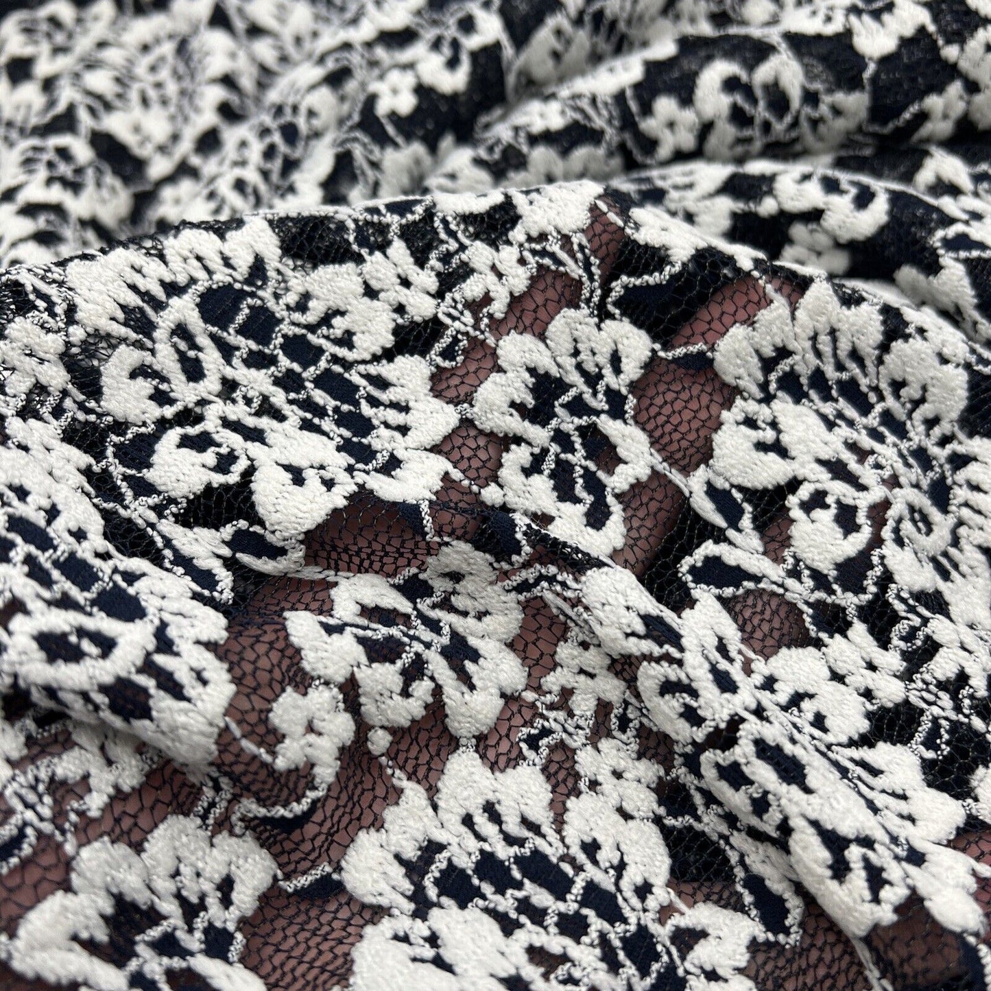 Navy Ivory Floral Textured Lace Fabric Stretch