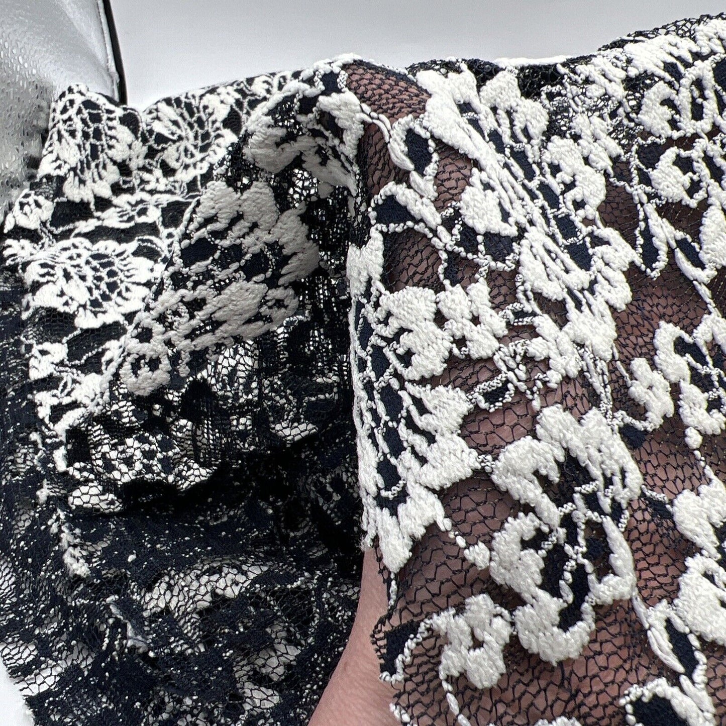 Navy Ivory Floral Textured Lace Fabric Stretch