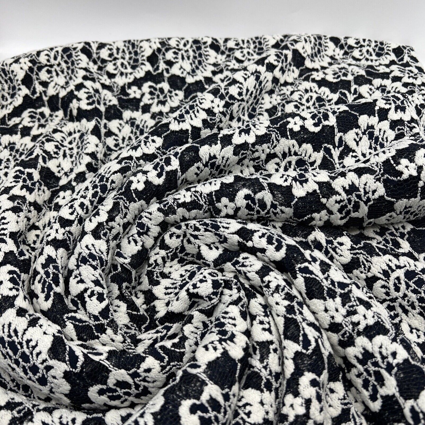 Navy Ivory Floral Textured Lace Fabric Stretch