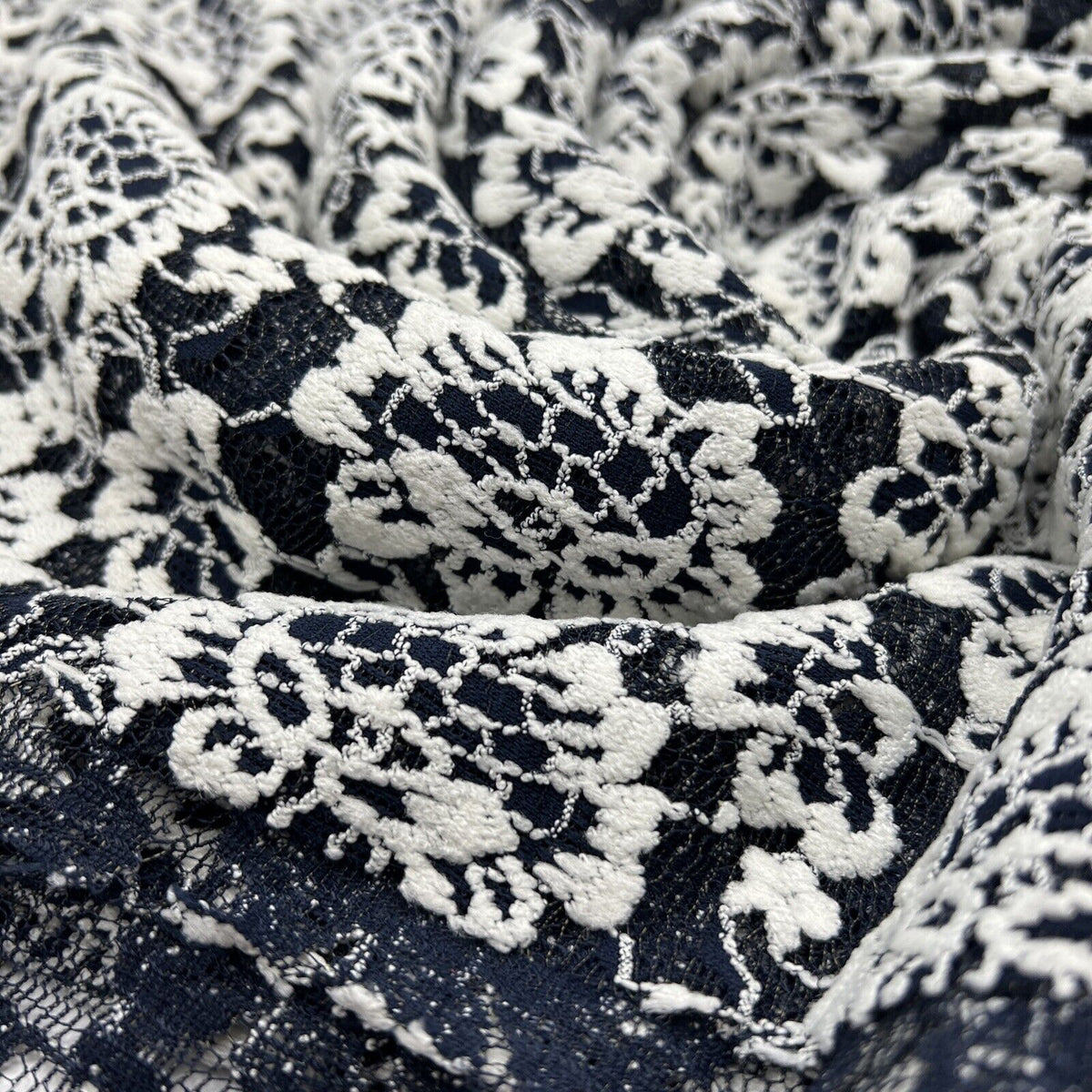 Navy Ivory Floral Textured Lace Fabric Stretch