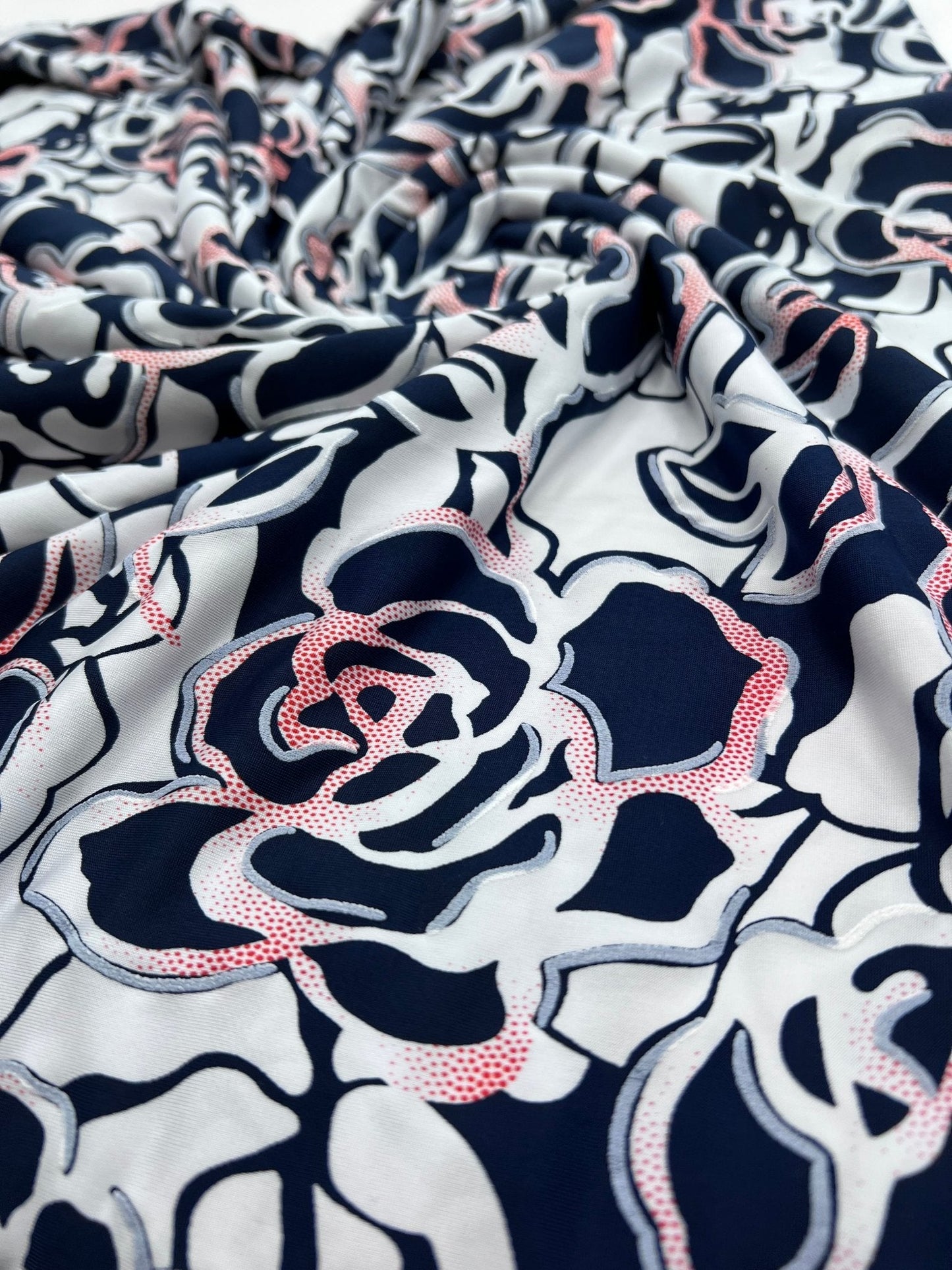 Navy Red Rose On White Print Soft Touch 4 Way Stretch Fabric
