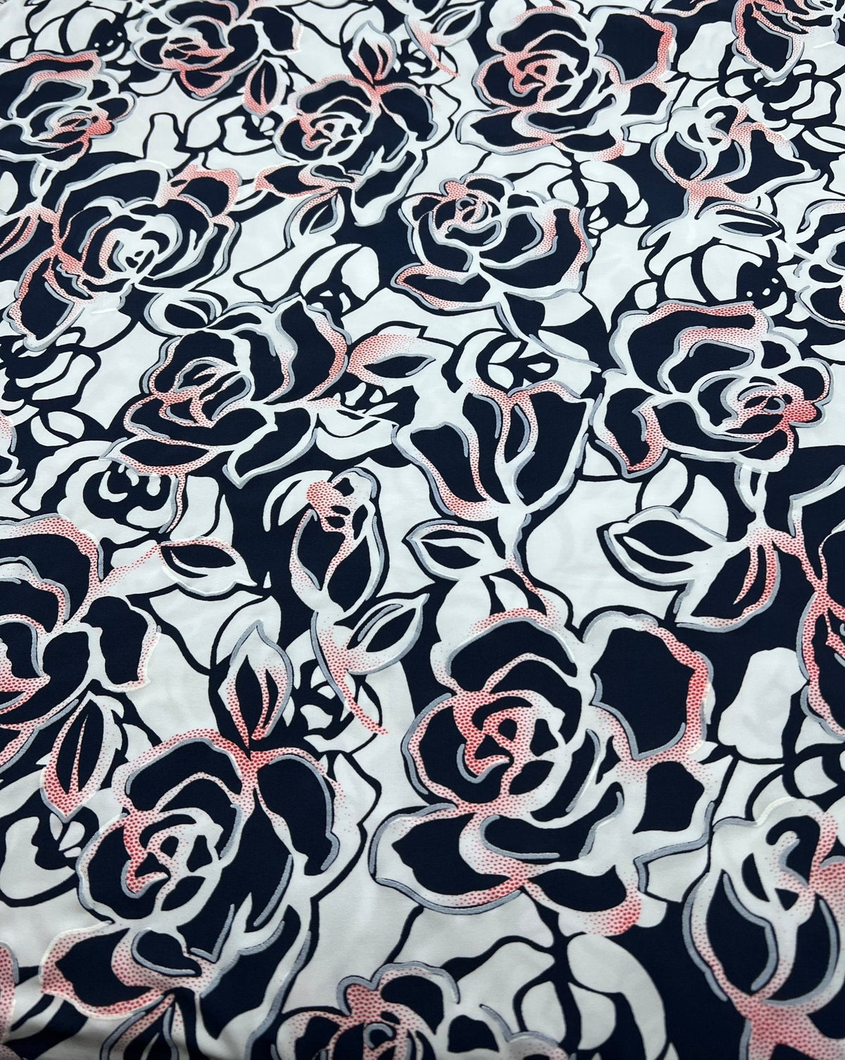 Navy Red Rose On White Print Soft Touch 4 Way Stretch Fabric