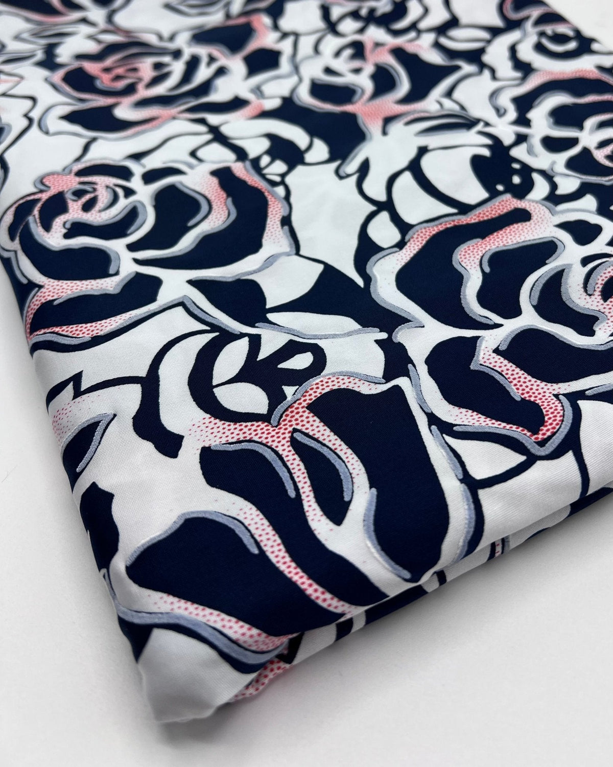 Navy Red Rose On White Print Soft Touch 4 Way Stretch Fabric