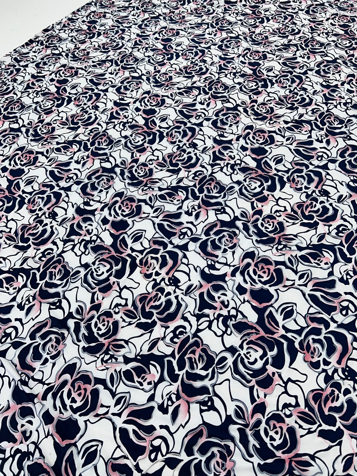Navy Red Rose On White Print Soft Touch 4 Way Stretch Fabric