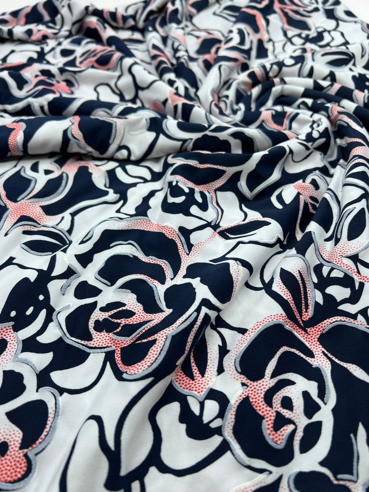 Navy Red Rose On White Print Soft Touch 4 Way Stretch Fabric