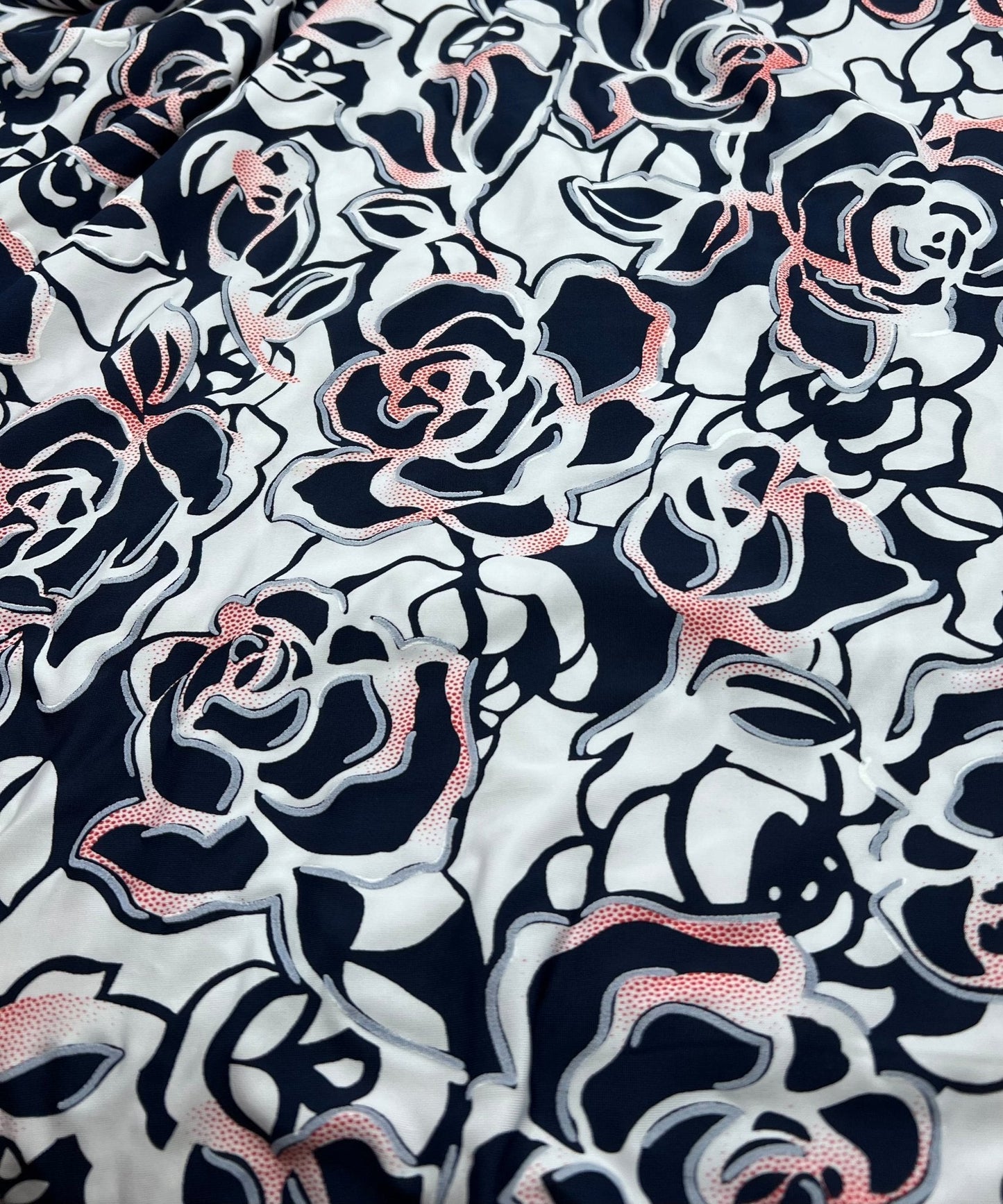 Navy Red Rose On White Print Soft Touch 4 Way Stretch Fabric