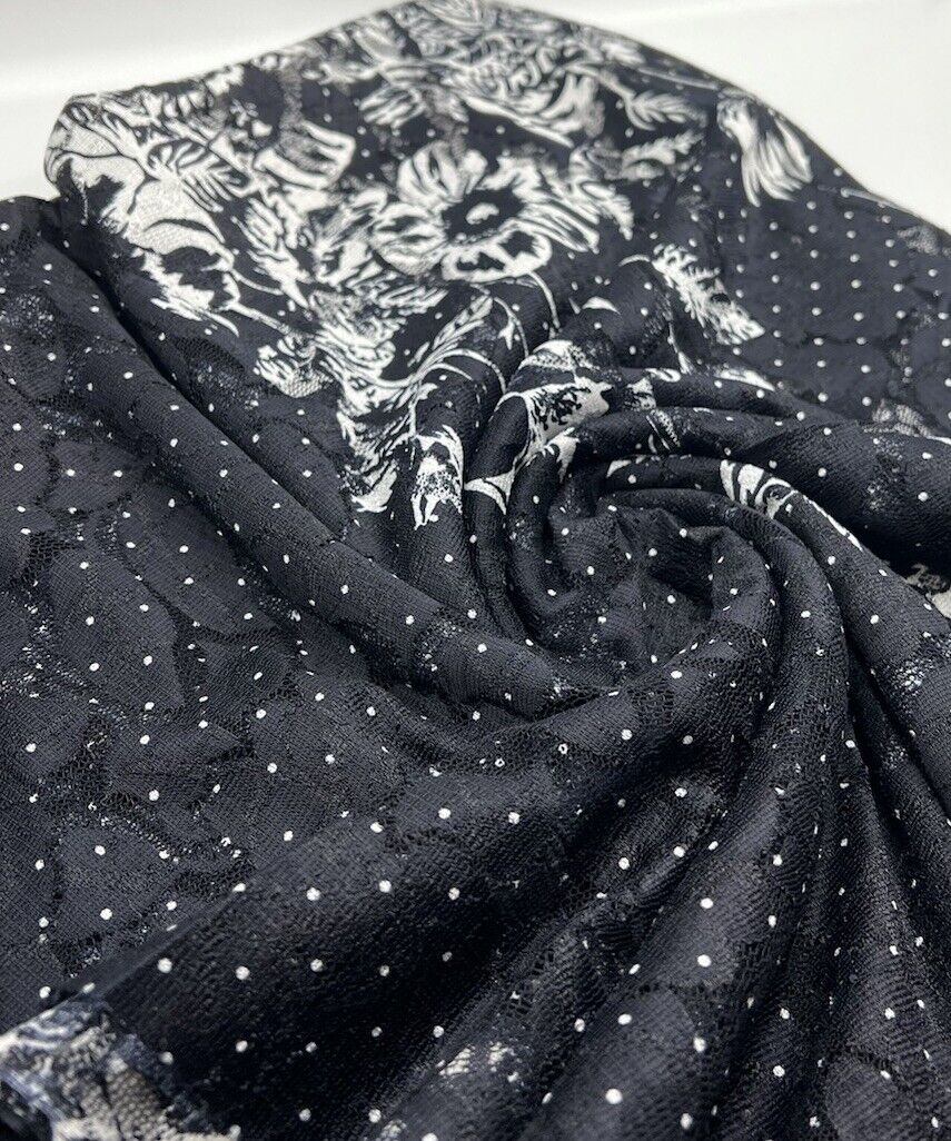 Navy White Flower Floral Lace Fabric Stretch