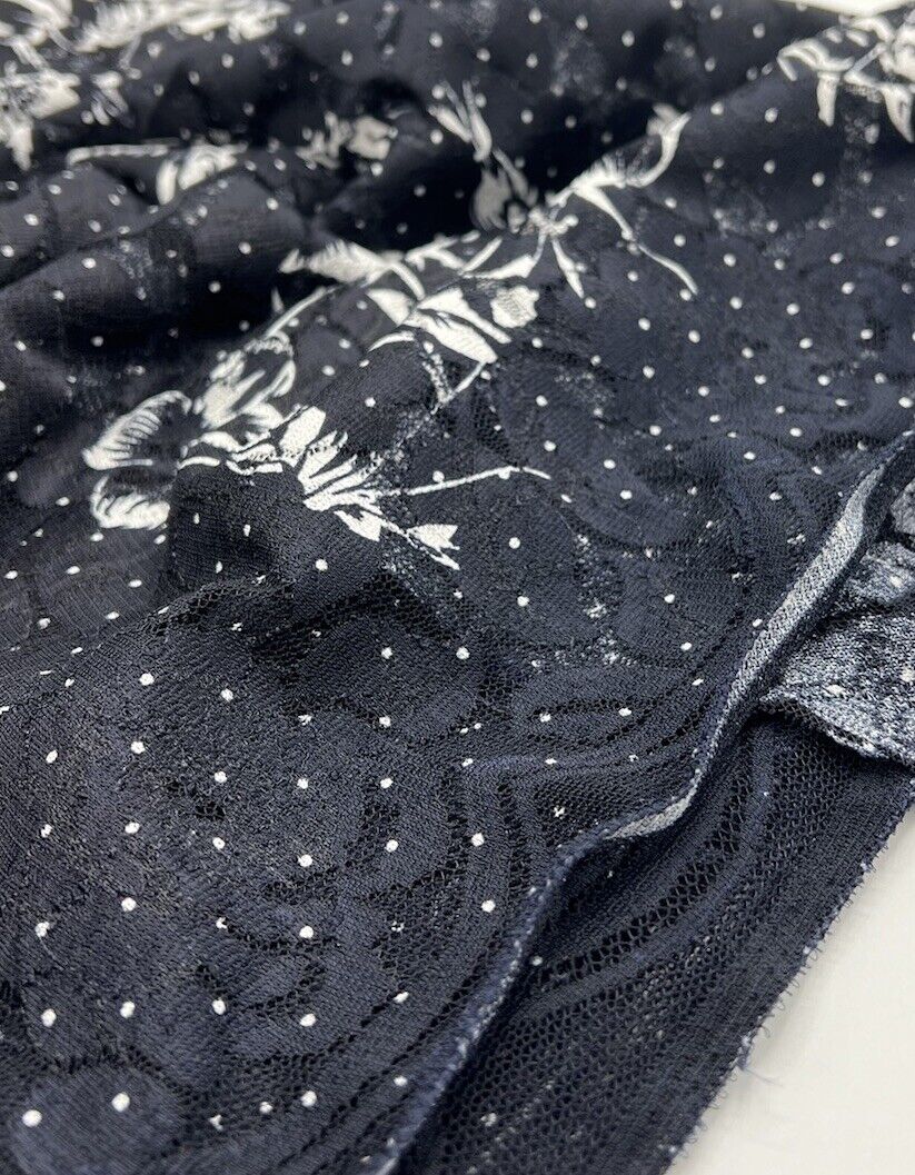Navy White Flower Floral Lace Fabric Stretch