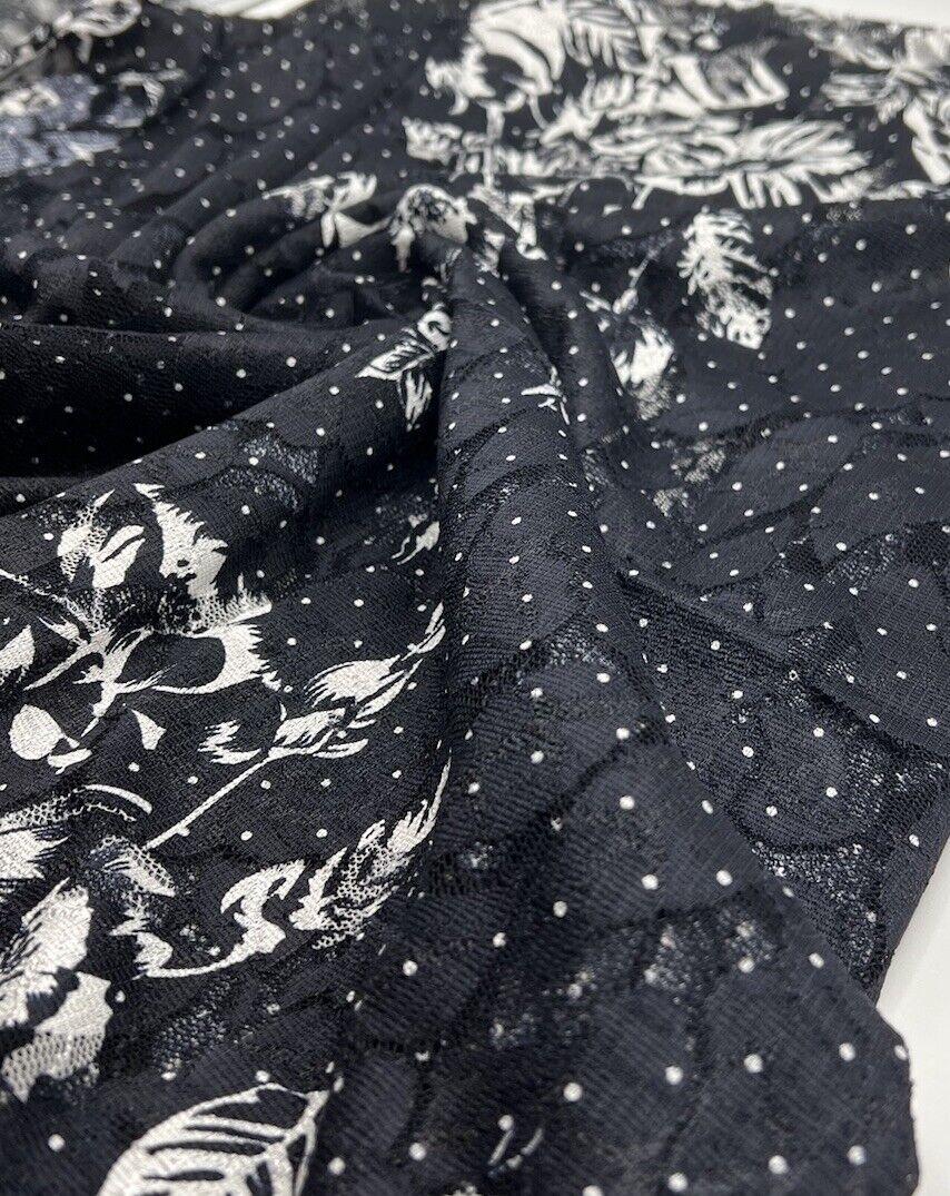 Navy White Flower Floral Lace Fabric Stretch