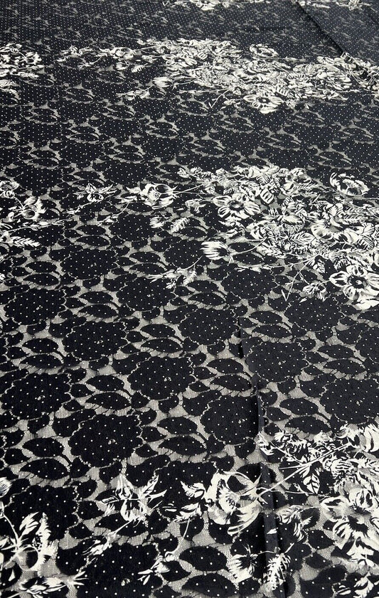 Navy White Flower Floral Lace Fabric Stretch