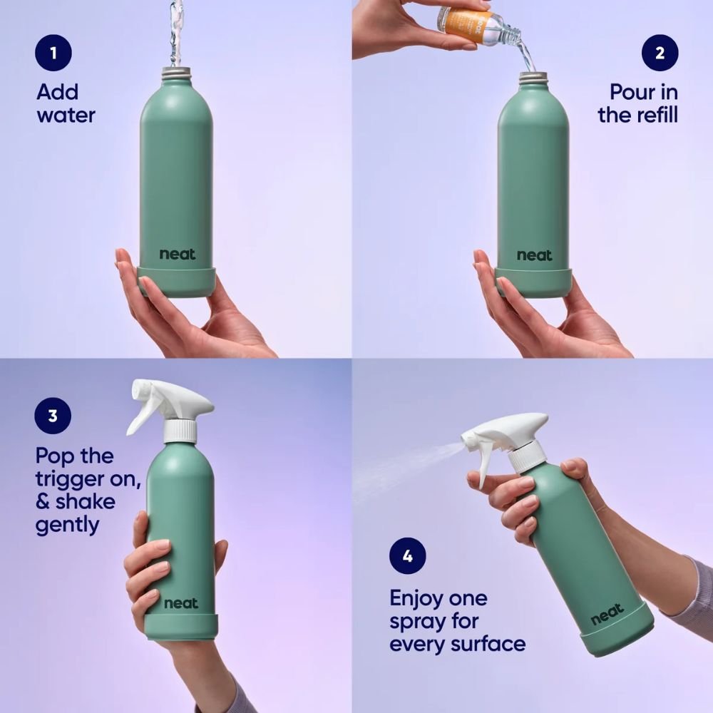 Neat Refillable Cleaning Spray Bottle – Recycled Aluminium, 470ml (Stone, Midnight, Sage)