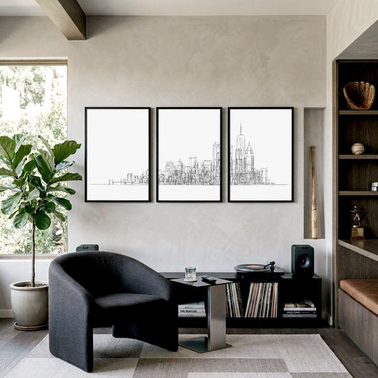 New York Posters Minimalist Skyline Line Drawing Wall Art Prints | Set of 3