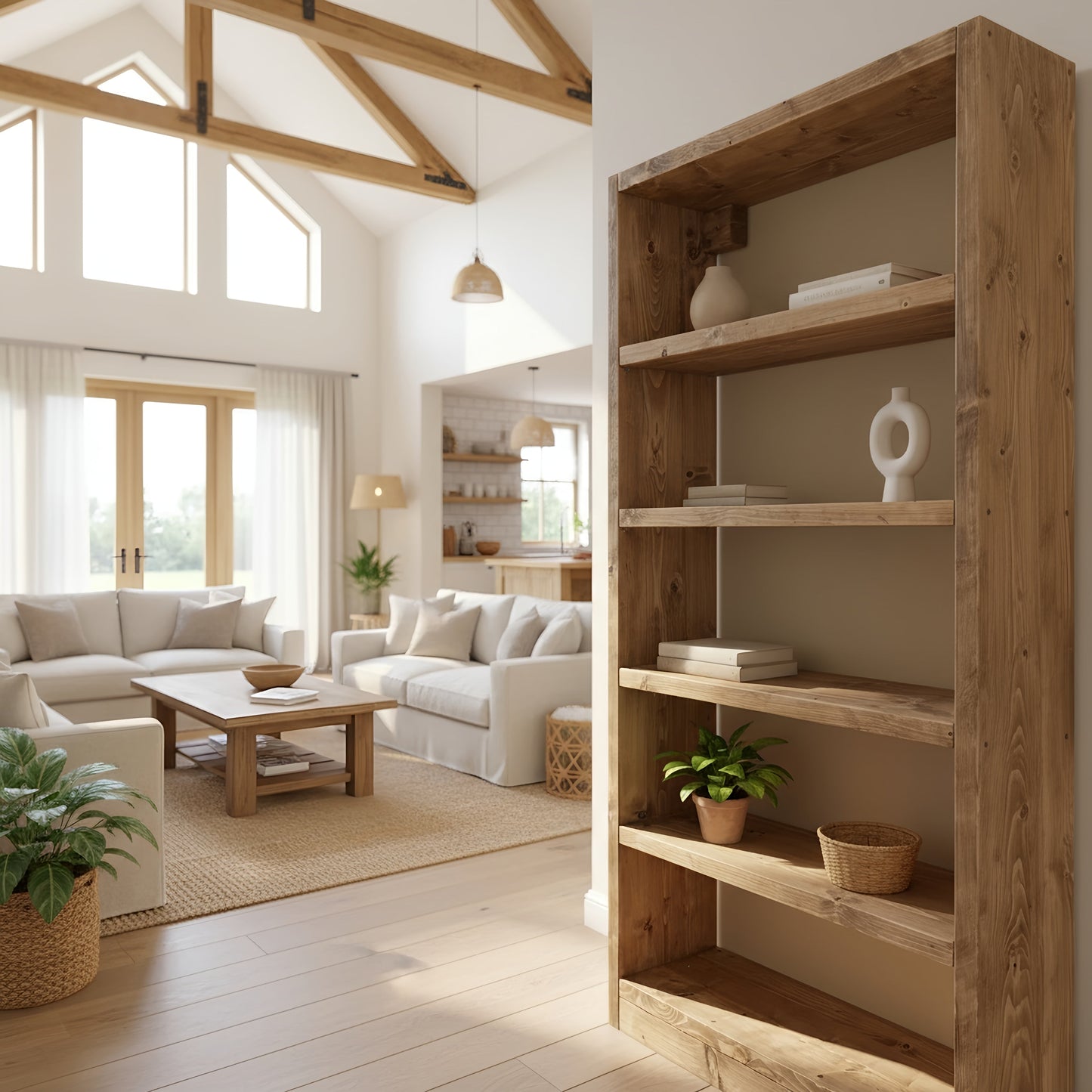 Solid Wood Bookshelf – Natural Finish Open Bookcase, Rustic Scandinavian Design