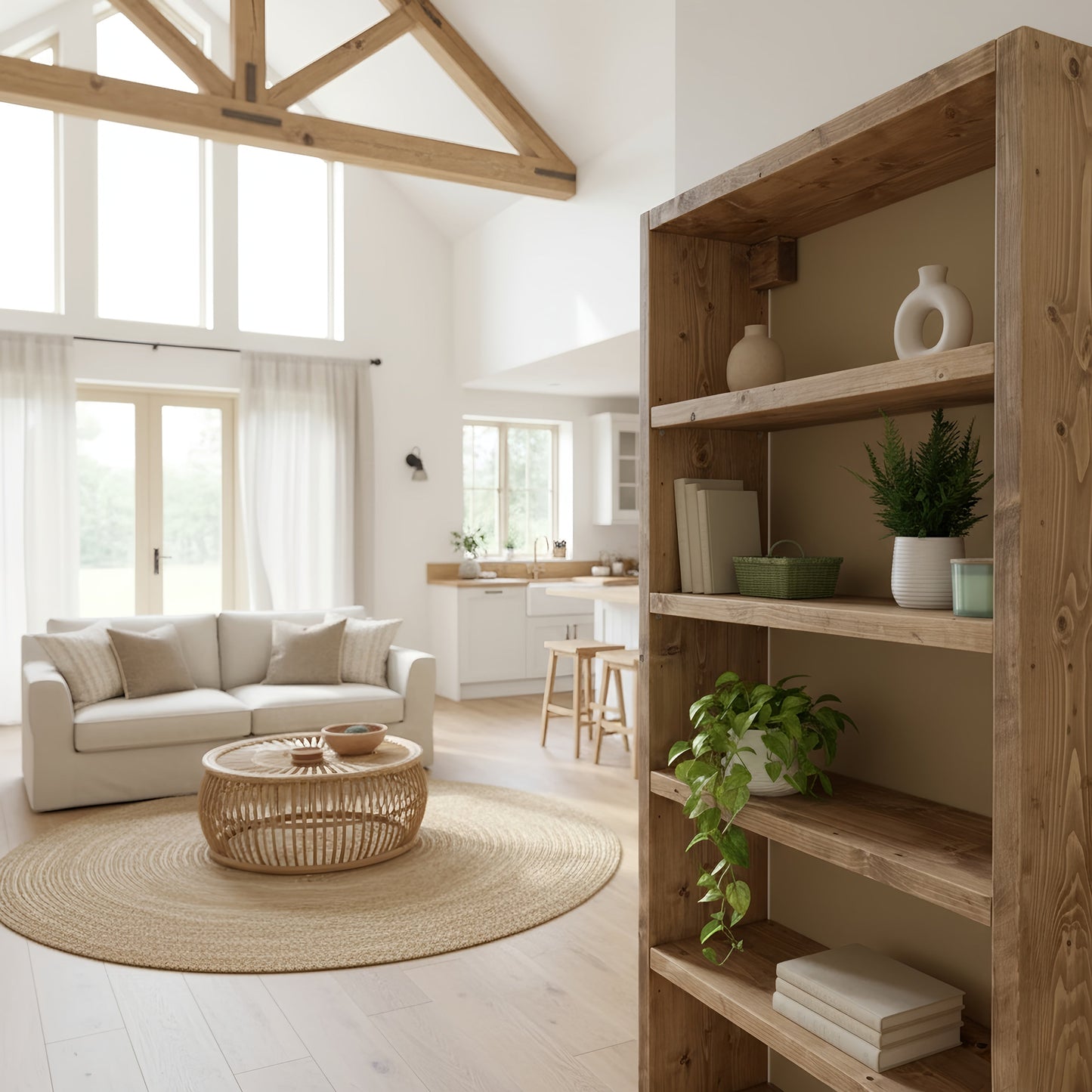 Solid Wood Bookshelf – Natural Finish Open Bookcase, Rustic Scandinavian Design