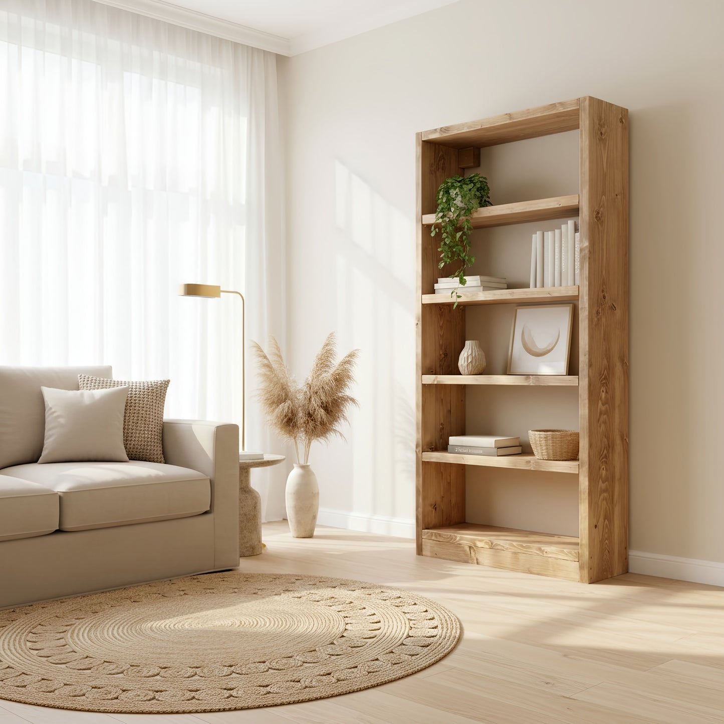 Solid Wood Bookshelf – Natural Finish Open Bookcase, Rustic Scandinavian Design