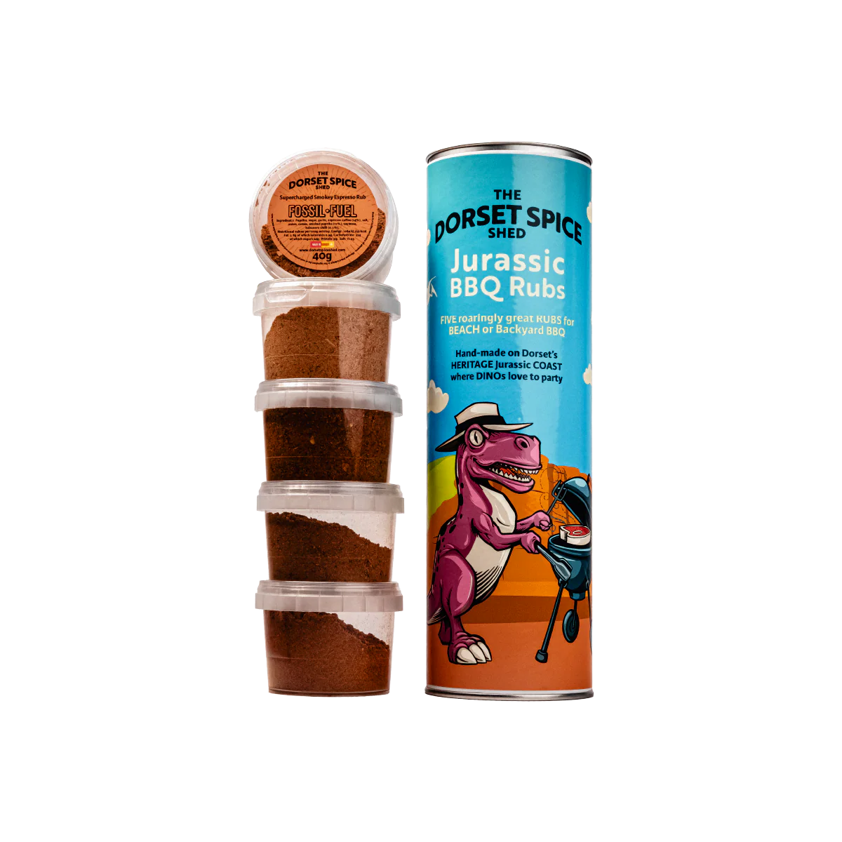 New! Jurassic BBQ Tube 'o' Rubs - 5 Grrreat BBQ Rubs - Free Greetings Card