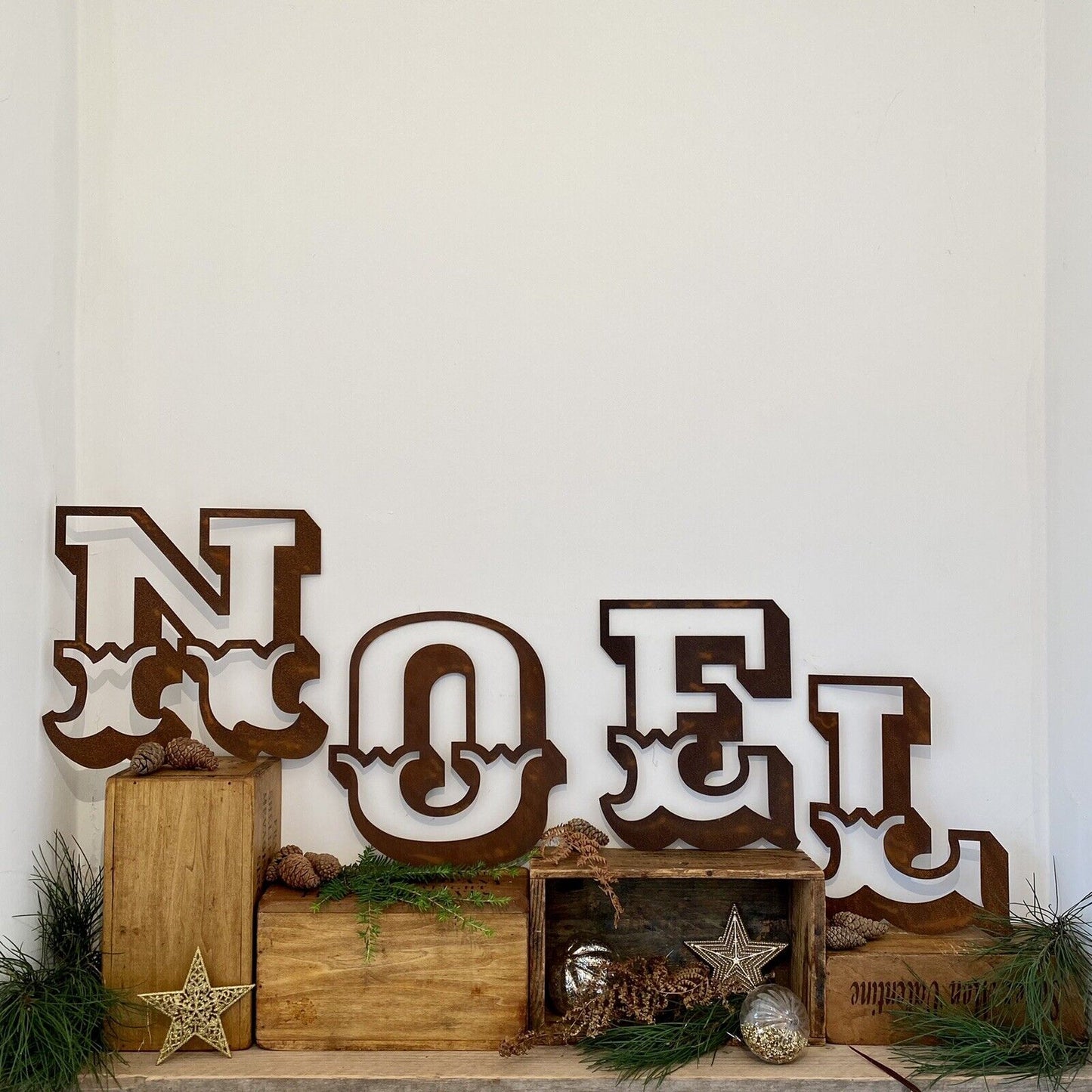 Christmas Fireplace Mantle Sign Decoration NOEL in 12 inch Tall Rustic Rusted Carnival Letters