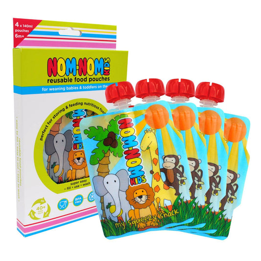 Nom Nom Kids Reusable Food Pouches 140ml Animal Pouches 4 Pack