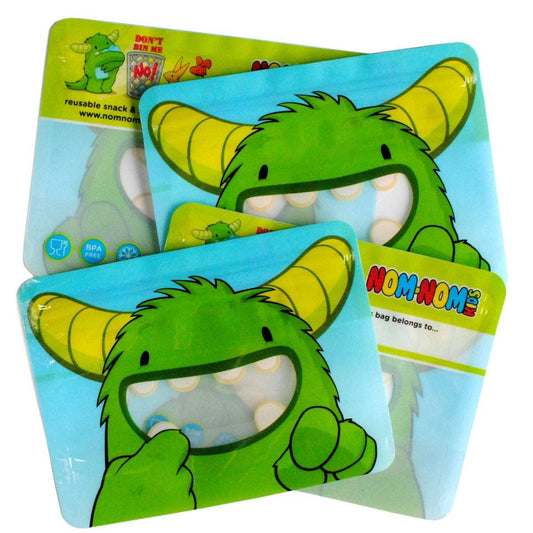 Nom Nom Kids Reusable Monster Sandwich Bags 4 Pack Stand Up Lunch Bags