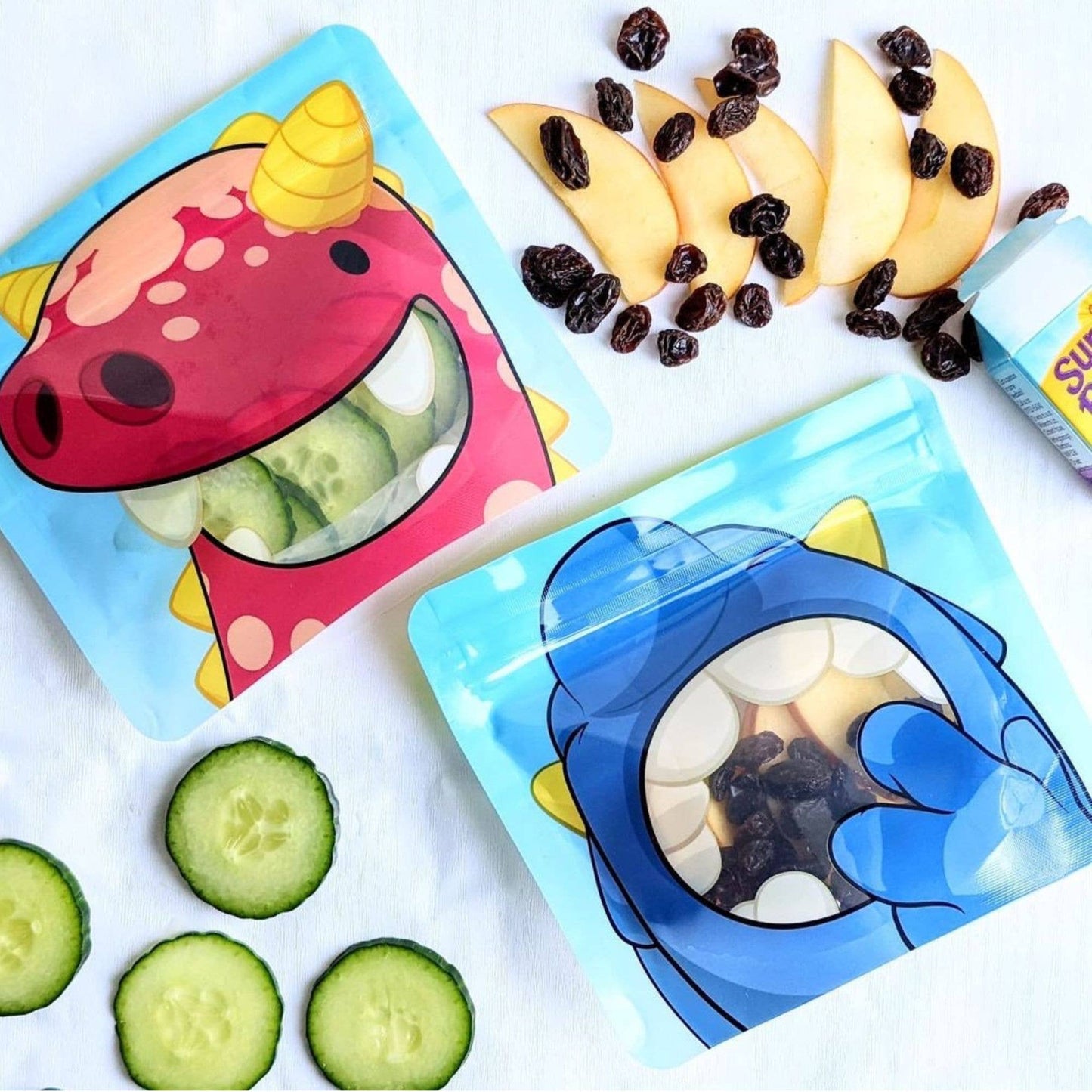 Nom Nom Kids Reusable Monster Snack Bags 4 Pack Stand Up Snack Pouches
