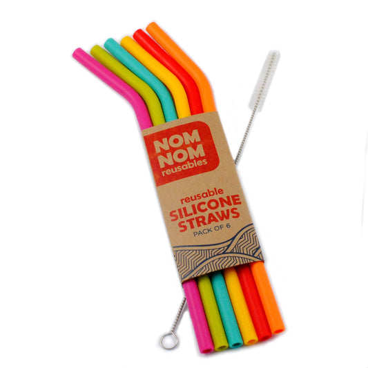 Nom Nom Kids Reusable Silicone Straws Set of 6 with Cleaning Brush