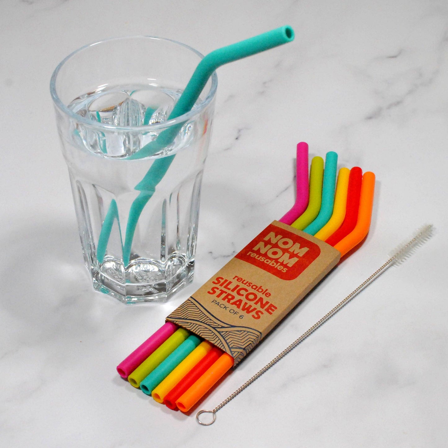 Nom Nom Kids Reusable Silicone Straws Set of 6 with Cleaning Brush