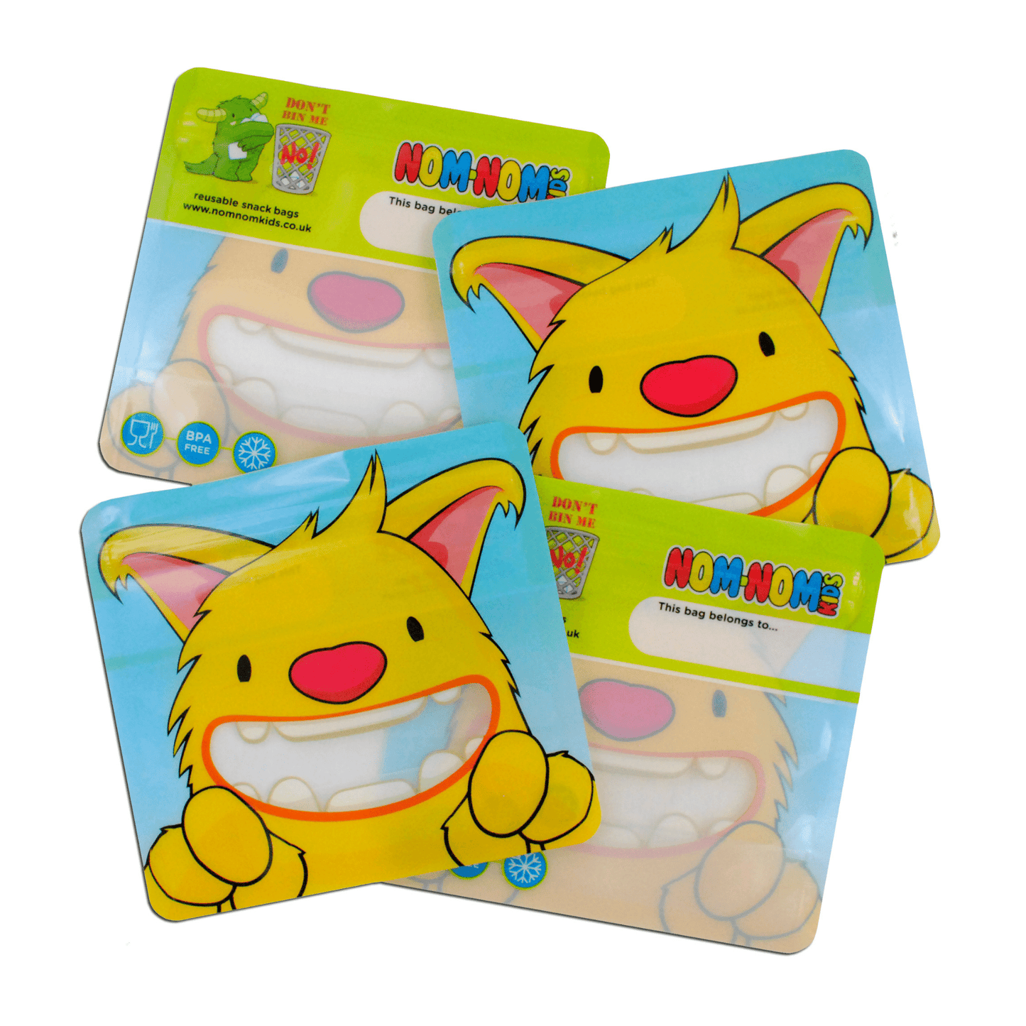 Nom Nom Kids Yellow Monster Reusable Snack Bags 4 Pack Stand Up Design