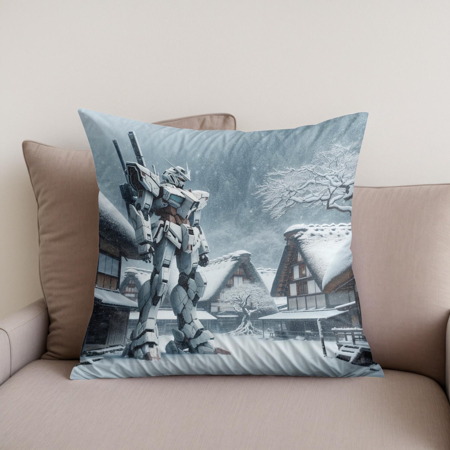 Lost Mecha in Snow Cotton Cushion