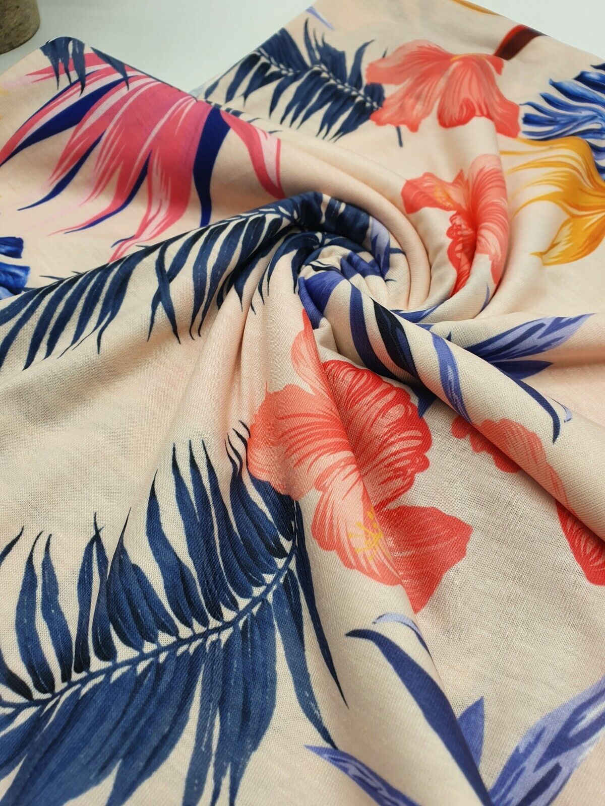 Nude Large Floral Print Spun Poly Stretch Fabric