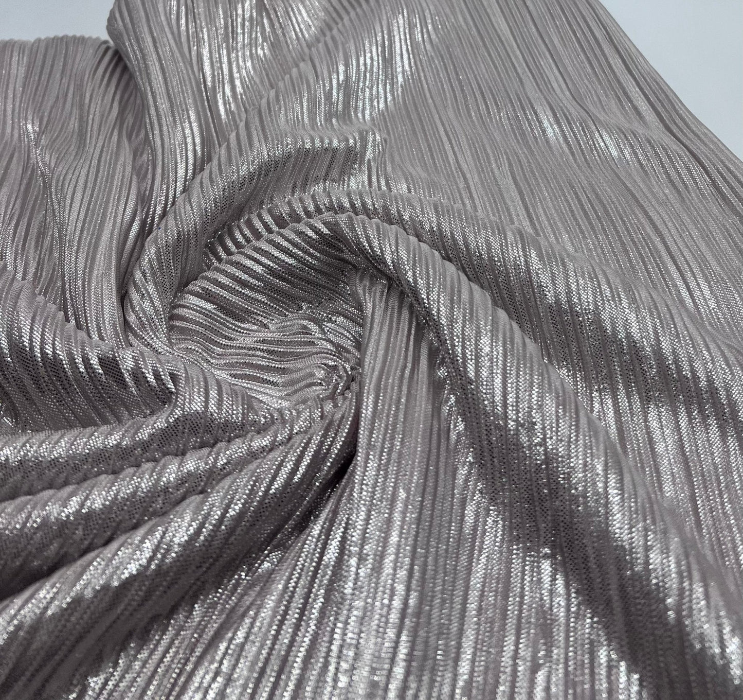 Nude Metallic Foil Shiny Plisse Pleated Stretch Fabric