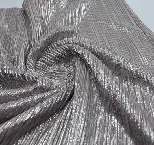 Nude Metallic Foil Shiny Plisse Pleated Stretch Fabric
