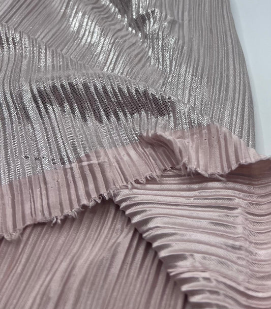 Nude Metallic Foil Shiny Plisse Pleated Stretch Fabric
