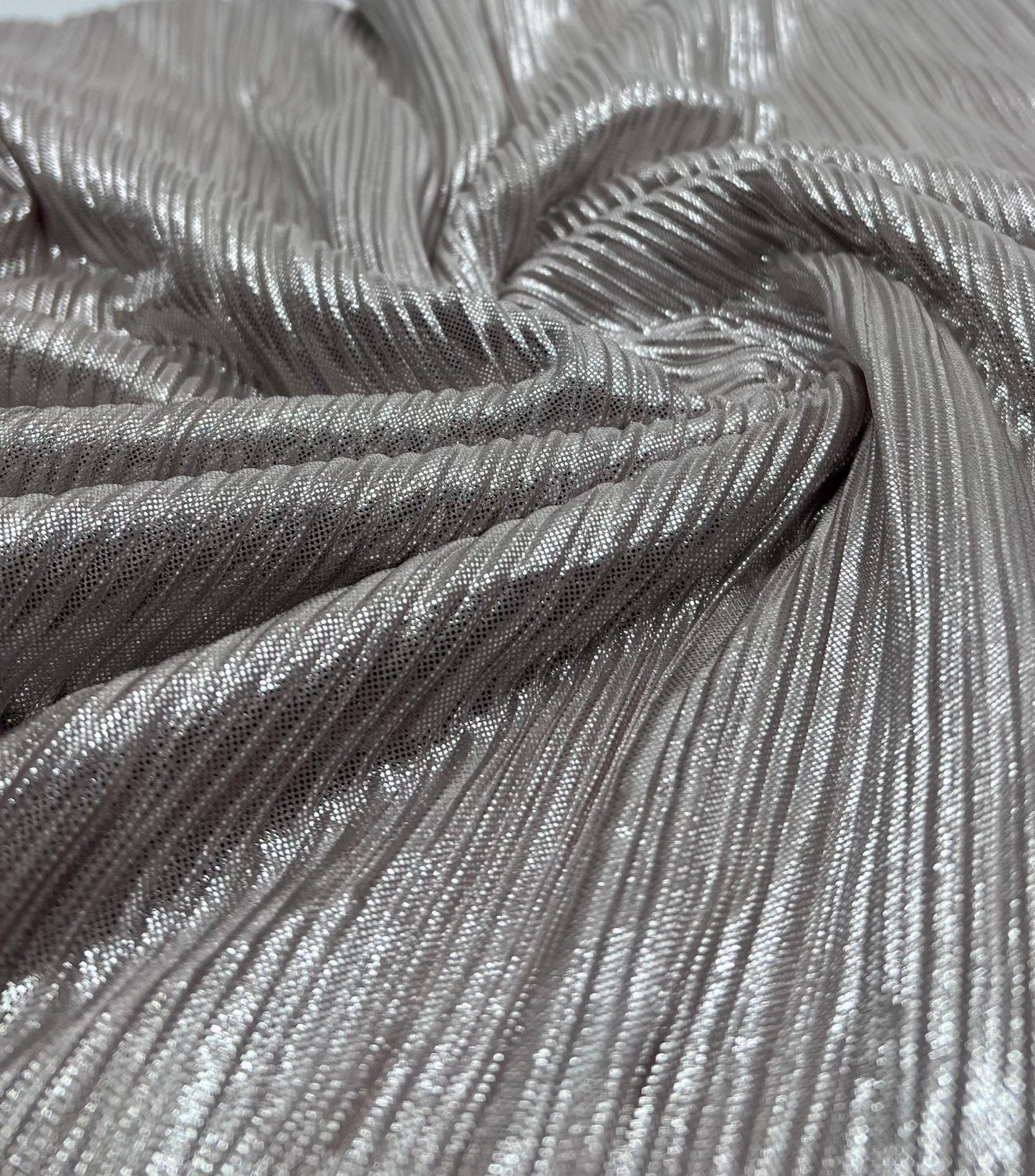Nude Metallic Foil Shiny Plisse Pleated Stretch Fabric
