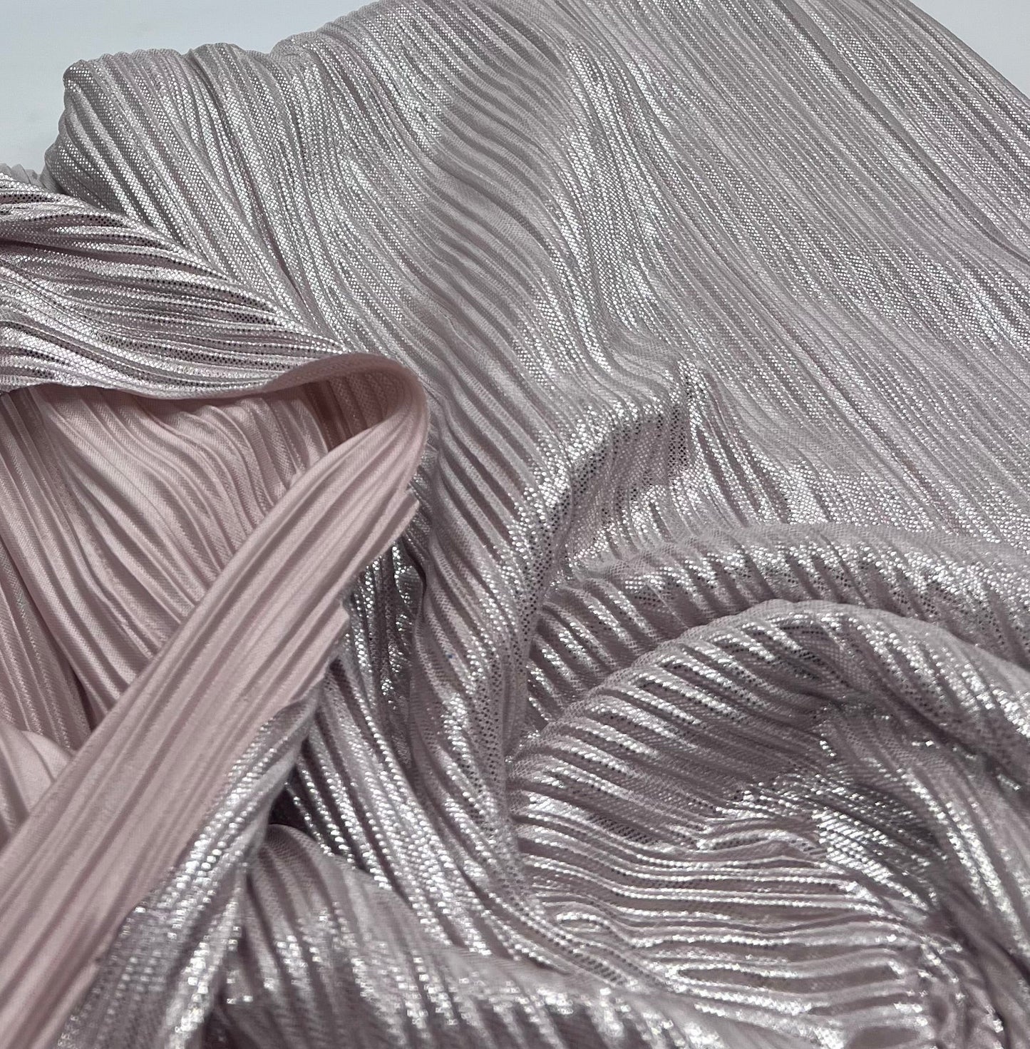 Nude Metallic Foil Shiny Plisse Pleated Stretch Fabric