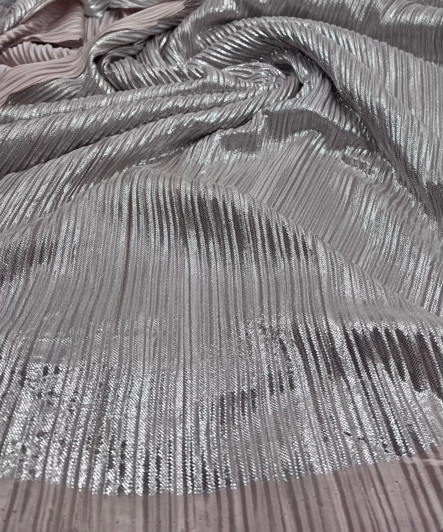 Nude Metallic Foil Shiny Plisse Pleated Stretch Fabric