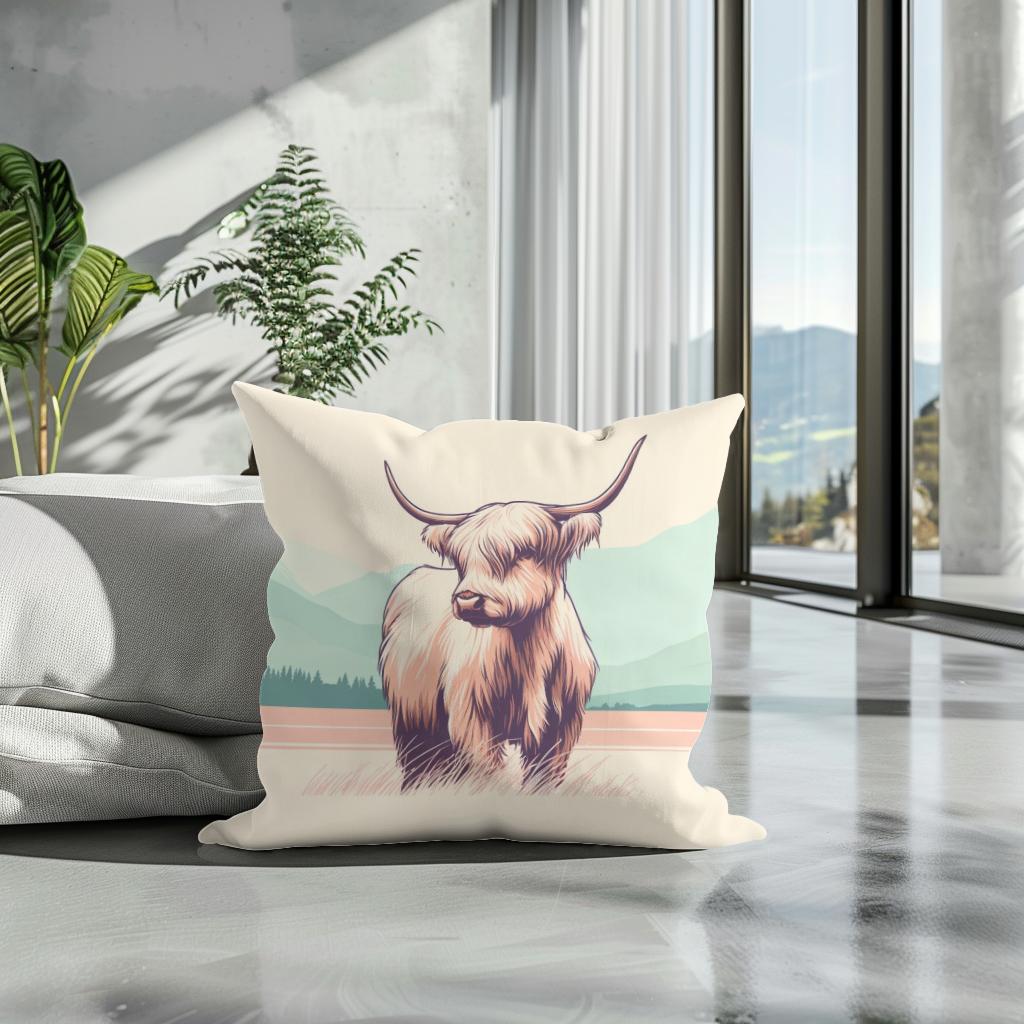 Pastel Highland Cow Minimalism Cotton Cushion