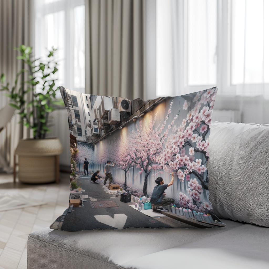 Cherry Blossom Graffiti Cotton Cushion