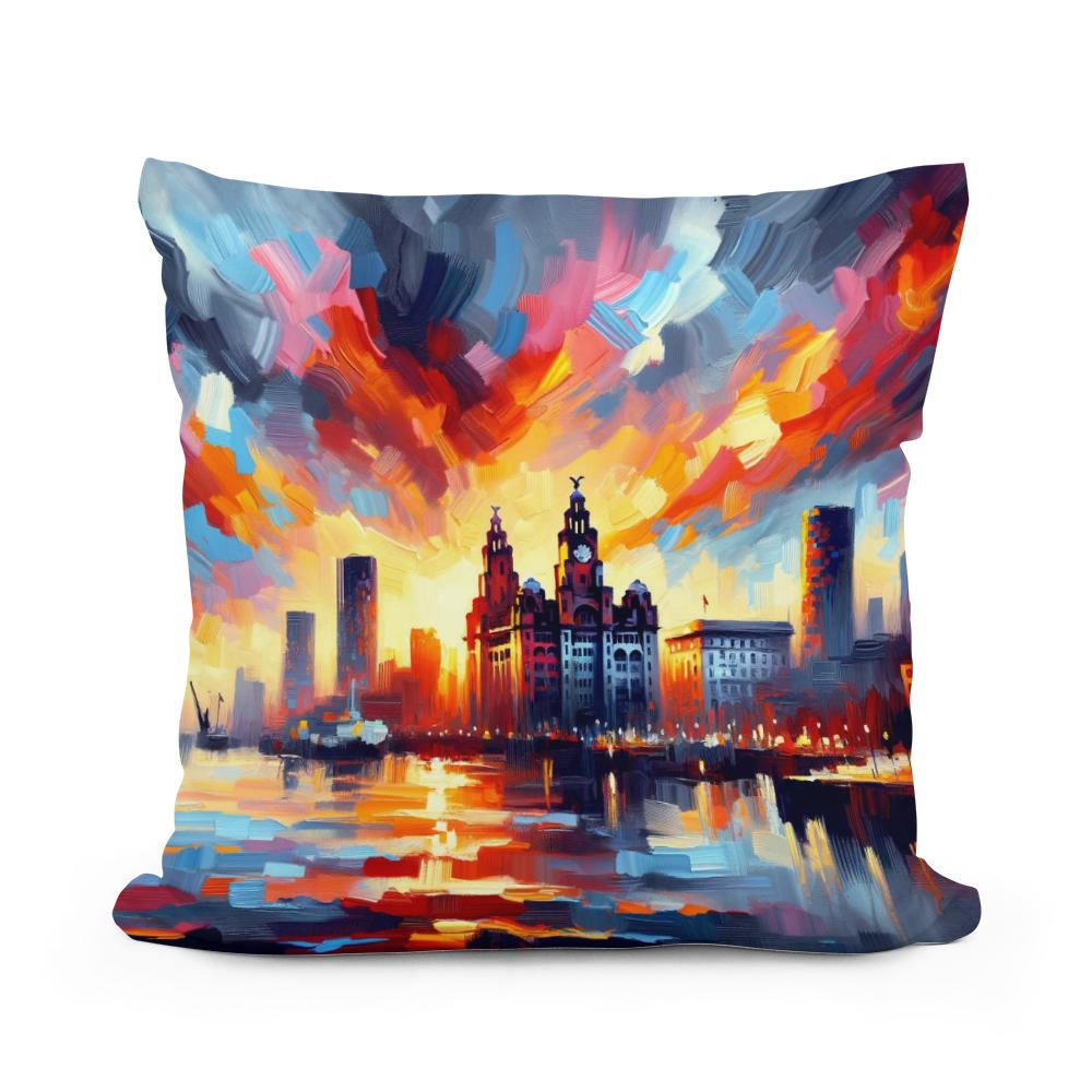 Expressionist Sunset Liverpool Skyline Cotton Cushion