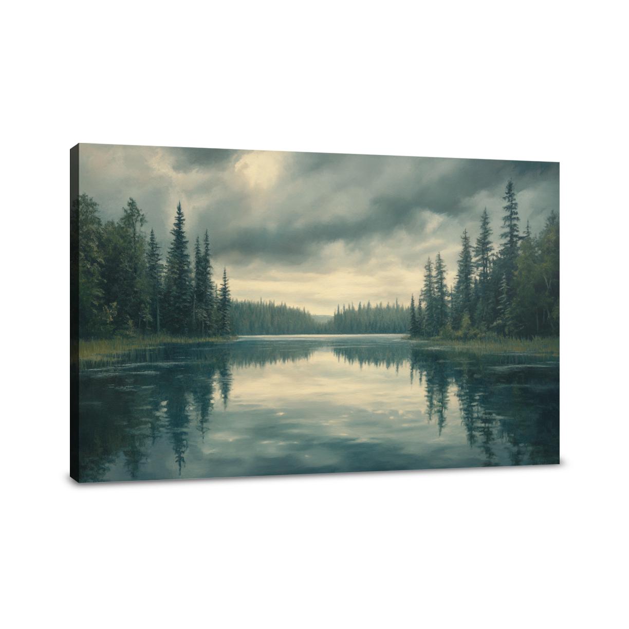 Reflective Pines under Grey Canvas