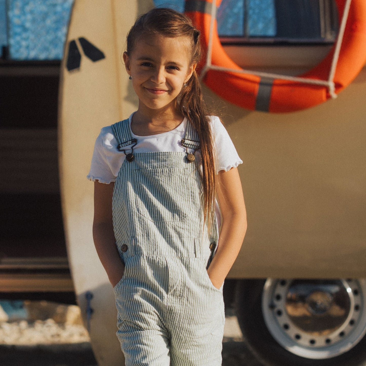 Olive Seersucker Dungarees