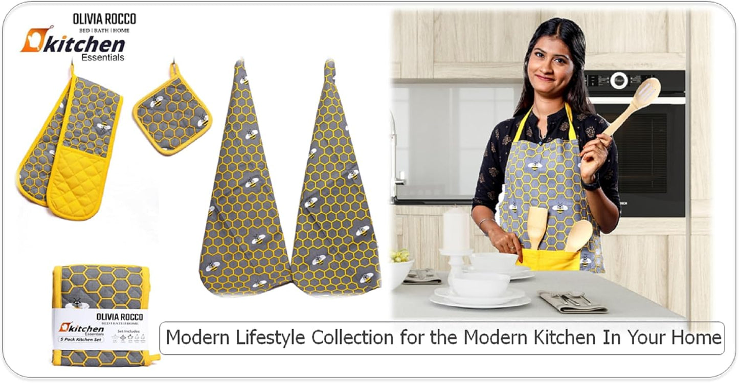 Kitchen Sets Apron Double Oven Gloves Towel Set Heat Resistant Oven Mitts Pot Holder for Home Kitchen Baking and Cooking Pack of 5 by OLIVIA ROCCO