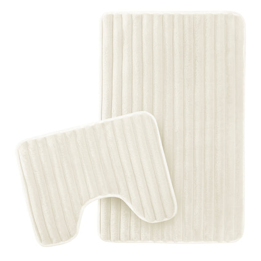 2 Piece Ribbed Bath Mat Set in Cream Extra Soft Non Slip Super Absorbent Bathroom & Toilet Mats Easy Care Rug by OLIVIA ROCCO