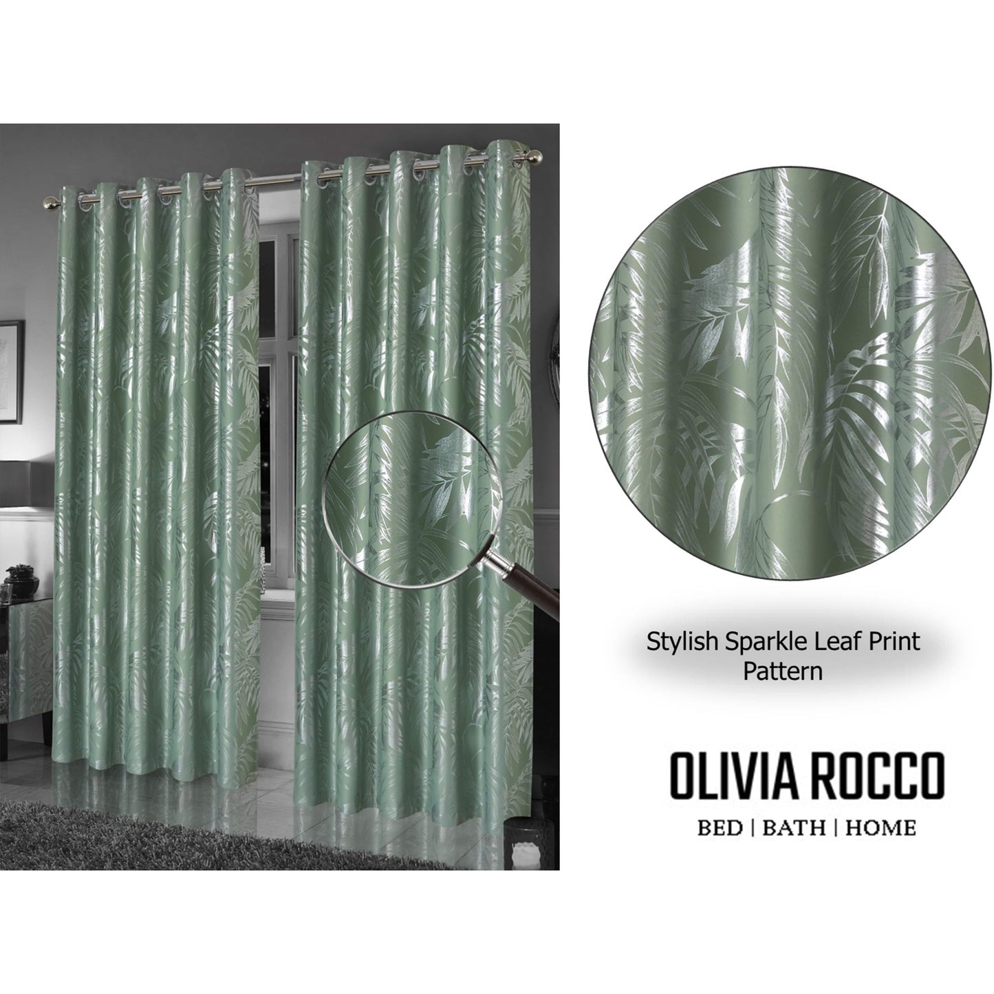 OLIVIA ROCCO Leaf Sage Green Sparkle Blackout Curtains With Thermal Insulation Eyelet