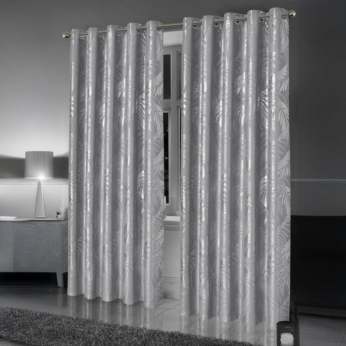 OLIVIA ROCCO Leaf Silver Sparkle Blackout Curtains Super Soft Thermal Insulated Eyelet
