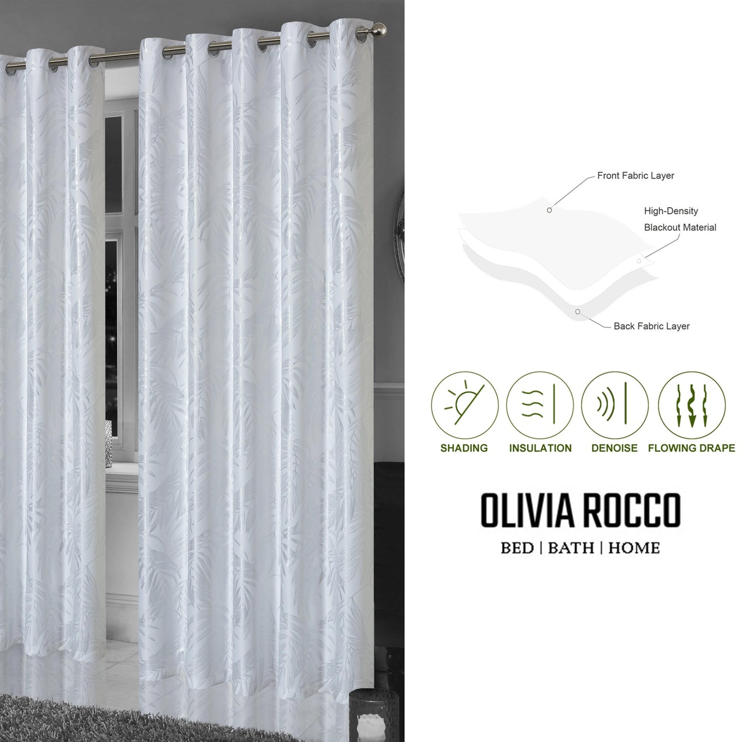 Leaf White Sparkle Blackout Curtains Super Soft Thermal Insulated Eyelet Drapes for Living Room & Bedroom 2 Panels by OLIVIA ROCCO