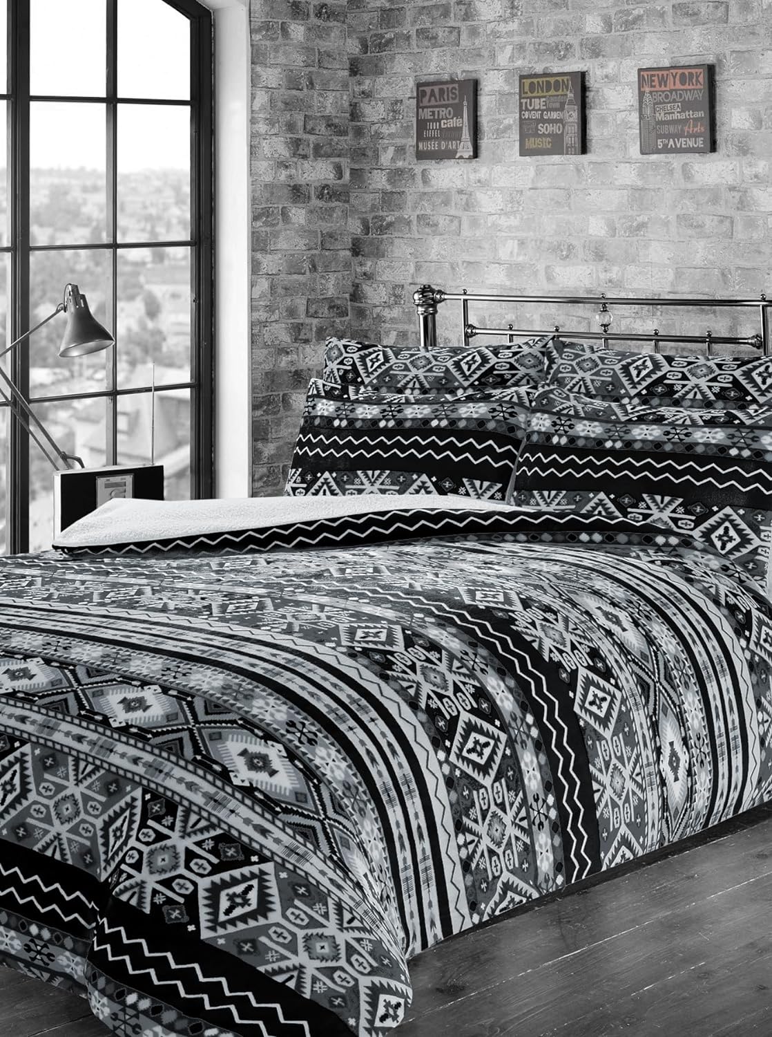 Aztec Print Teddy Fleece Duvet Set with Reversible Sherpa Fur Luxurious Winter Comfort in Single Double King Sizes by OLIVIA ROCCO