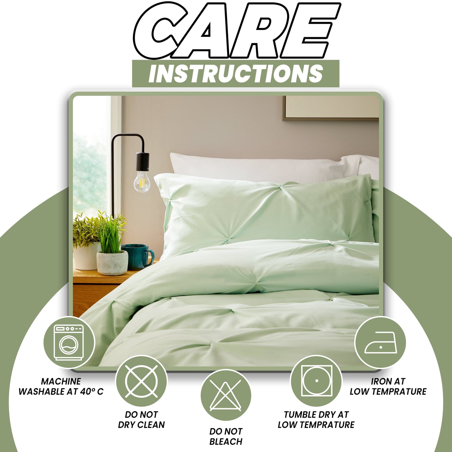 Pintuck Sage Green Microfibre Duvet Cover Set with Pillowcases Soft Breathable Easy Care Bedding Set Quilt Cover by OLIVIA ROCCO